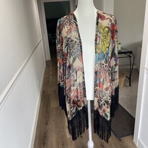 Sans Souci Kimono Womens M Sheer Floral Fringe Boho Artsy Duster Cardigan Travel
